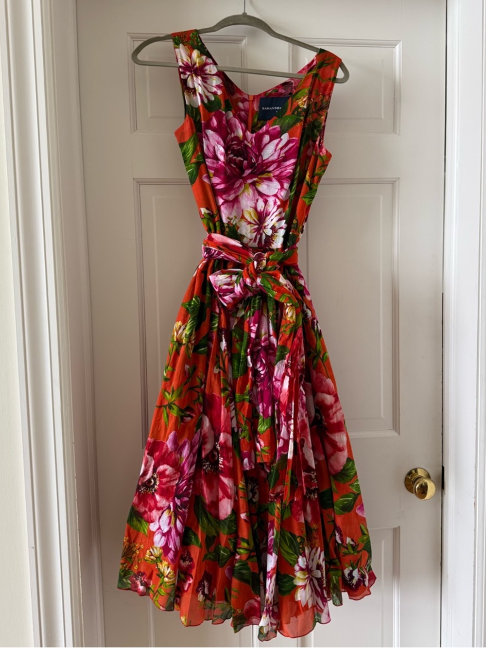 SAMANTHA SUNG Orange Floral Midi Dress with Pink Blooms